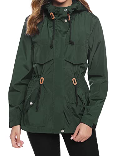 Gyabnw Damen Regenmantel Frühling Regenparka Wasserdicht Sommerjacke Leicht Übergangsmantel Laufjacke Windbreaker, Dunkelgrün, S von Gyabnw