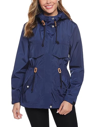 Gyabnw Damen Regenmantel Frühling Regenparka Wasserdicht Sommerjacke Leicht Übergangsmantel Laufjacke Windbreaker, Navy Blau, L von Gyabnw