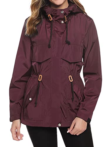 Gyabnw Damen Regenmantel Frühling Regenparka Wasserdicht Sommerjacke Leicht Übergangsmantel Laufjacke Windbreaker, Weinrot, XL von Gyabnw