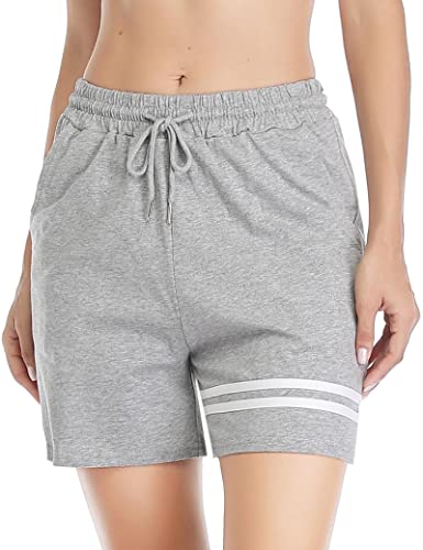 Gyabnw Damen Shorts Schlafhose Kurze Sporthose Laufshorts Sommer Freizeitshorts Jogginghose Sweatshorts Elegant Bermudashorts mit Streifen Taschen für Sport Freizeit Yoga Fitness Gym GrauL von Gyabnw