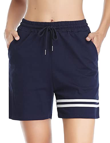 Gyabnw Damen Shorts Schlafhose Kurze Sporthose Laufshorts Sommer Freizeitshorts Jogginghose Sweatshorts Elegant Bermudashorts mit Streifen Taschen für Sport Freizeit Yoga Fitness Gym Navy BlauL von Gyabnw