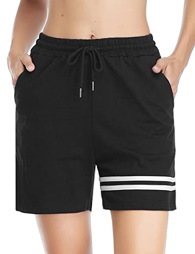 Gyabnw Damen Shorts Schlafhose Kurze Sporthose Laufshorts Sommer Freizeitshorts Jogginghose Sweatshorts Elegant Bermudashorts mit Streifen Taschen für Sport Freizeit Yoga Fitness Gym SchwarzS von Gyabnw