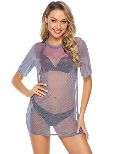 Gyabnw Damen Sommer Kleid Leichte Strandkleid Transparent Strandponcho Bikini Oberteil Cover Up Party Mesh Shirt Transparentes Top Netzshirt BlauL von Gyabnw