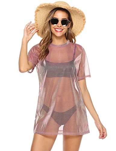 Gyabnw Damen Sommer Kleid Leichte Strandkleid Transparent Strandponcho Bikini Oberteil Cover Up Party Mesh Shirt Transparentes Top Netzshirt RosaXL von Gyabnw