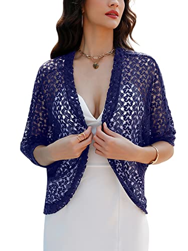 Gyabnw Damen Strickacke Elegante Bolero Spitzenjacke Festlich Cardigan Kurzer Blazer Festlich Bolero mit 3/4 Arm für Abendkleider Cocktailkleid, Navyblau, XXL von Gyabnw