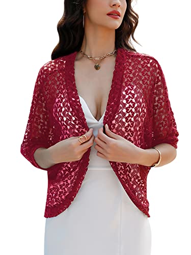 Gyabnw Damen Strickacke Elegante Bolero Spitzenjacke Festlich Cardigan Kurzer Blazer Festlich Bolero mit 3/4 Arm für Abendkleider Cocktailkleid, Weinrot, M von Gyabnw