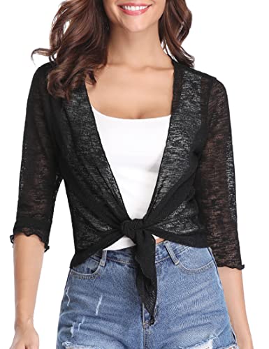 Gyabnw Strickjacke Damen Bolero Elegant Sexy Solide 3/4 Ärmel Casual Sommer Leichter Lockere Cardigan Blazer Bikini Cover Up Beachwear Schulterjäckchen zum Binden vorne von Gyabnw