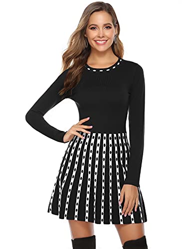 Gyabnw Damen Strickkleid A-Linie Kleid Elegante Minikleid Langarm Winterkleid Streifen-Optik Strickpullover Retro Kleid für Freizeit Cocktail, Schwarz, XXL von Gyabnw