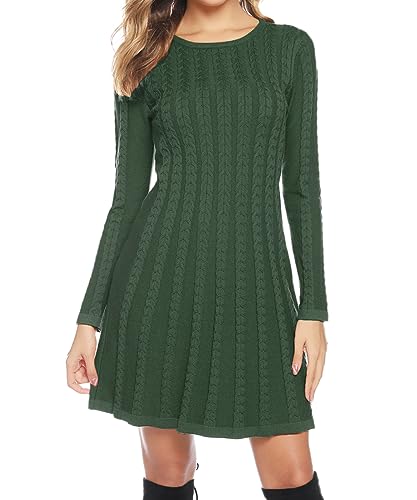 Gyabnw Damen Strickkleid Elegante A-Linie Kleid Pulloverkleid Zopfmuster Rundhalsausschnitt Minikleid Strickpullover für Party Cocktail Freizeit, Armeegrün, M von Gyabnw