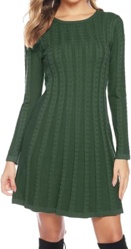 Gyabnw Damen Strickkleid Elegante A-Linie Kleid Pulloverkleid Zopfmuster Rundhalsausschnitt Minikleid Strickpullover für Party Cocktail Freizeit, Armeegrün, M von Gyabnw