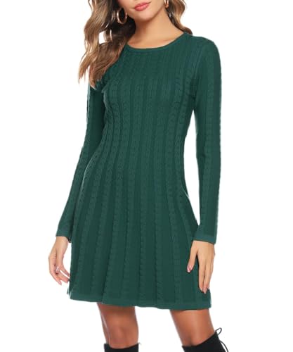 Gyabnw Damen Strickkleid Elegante A-Linie Kleid Pulloverkleid Zopfmuster Rundhalsausschnitt Minikleid Strickpullover für Party Cocktail Freizeit, Grün, XL von Gyabnw