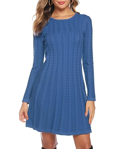Gyabnw Damen Strickkleid Elegante A-Linie Kleid Pulloverkleid Zopfmuster Rundhalsausschnitt Minikleid Strickpullover für Party Cocktail Freizeit, Jeansblau, XS von Gyabnw