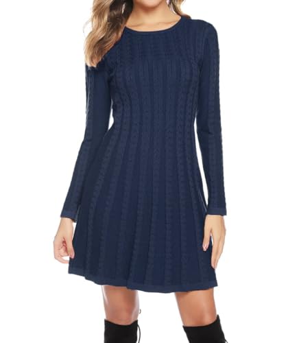 Gyabnw Damen Strickkleid Elegante A-Linie Kleid Pulloverkleid Zopfmuster Rundhalsausschnitt Minikleid Strickpullover für Party Cocktail Freizeit, Navy Blau, XL von Gyabnw