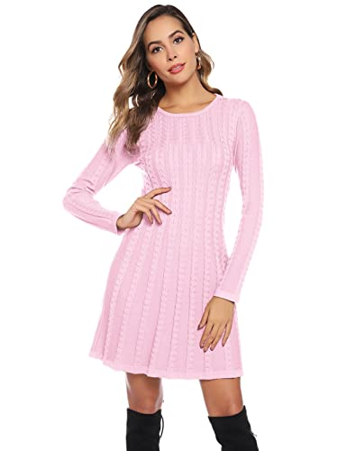 Gyabnw Damen Strickkleid Elegante A-Linie Kleid Pulloverkleid Zopfmuster Rundhalsausschnitt Minikleid Strickpullover für Party Cocktail Freizeit, Rosa, XL von Gyabnw