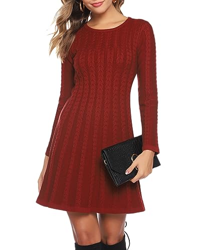 Gyabnw Damen Strickkleid Elegante A-Linie Kleid Pulloverkleid Zopfmuster Rundhalsausschnitt Minikleid Strickpullover für Party Cocktail Freizeit, Rot, M von Gyabnw