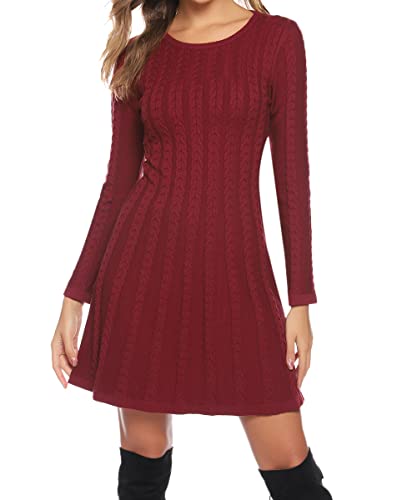 Gyabnw Damen Strickkleid Elegante A-Linie Kleid Pulloverkleid Zopfmuster Rundhalsausschnitt Minikleid Strickpullover für Party Cocktail Freizeit, Weinrot, XXL von Gyabnw