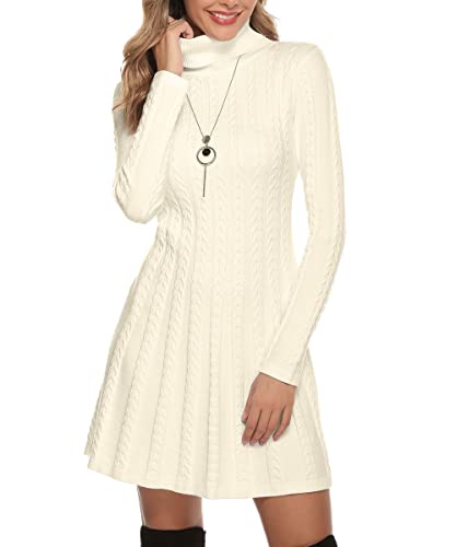 Gyabnw Damen Strickkleid Rollkragen Winterkleid Elegante A-Linie Knielanges Kleid Pulloverkleid Zopfmuster Minikleid Strickpullover für Party Cocktail Freizeit, Aprikose-Rollkragen, XL von Gyabnw