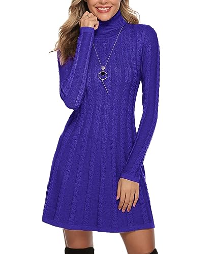 Gyabnw Damen Strickkleid Rollkragen Winterkleid Elegante A-Linie Knielanges Kleid Pulloverkleid Zopfmuster Minikleid Strickpullover für Party Cocktail Freizeit, Blau-Rollkragen, M von Gyabnw