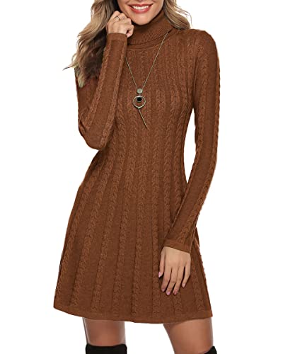 Gyabnw Damen Strickkleid Rollkragen Winterkleid Elegante A-Linie Knielanges Kleid Pulloverkleid Zopfmuster Minikleid Strickpullover für Party Cocktail Freizeit, Braun-Rollkragen, S von Gyabnw