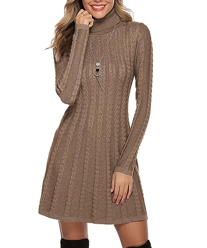 Gyabnw Damen Strickkleid Rollkragen Winterkleid Elegante A-Linie Knielanges Kleid Pulloverkleid Zopfmuster Minikleid Strickpullover für Party Cocktail Freizeit, Camel-Rollkragen, M von Gyabnw