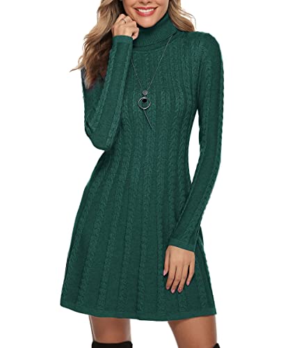 Gyabnw Damen Strickkleid Rollkragen Winterkleid Elegante A-Linie Knielanges Kleid Pulloverkleid Zopfmuster Minikleid Strickpullover für Party Cocktail Freizeit, Grün-Rollkragen, S von Gyabnw