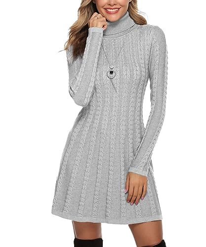 Gyabnw Damen Strickkleid Rollkragen Winterkleid Elegante A-Linie Knielanges Kleid Pulloverkleid Zopfmuster Minikleid Strickpullover für Party Cocktail Freizeit, Hellgrau-Rollkragen, XL von Gyabnw