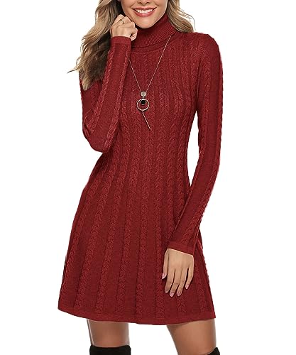 Gyabnw Damen Strickkleid Rollkragen Winterkleid Elegante A-Linie Knielanges Kleid Pulloverkleid Zopfmuster Minikleid Strickpullover für Party Cocktail Freizeit, Rot-Rollkragen, S von Gyabnw