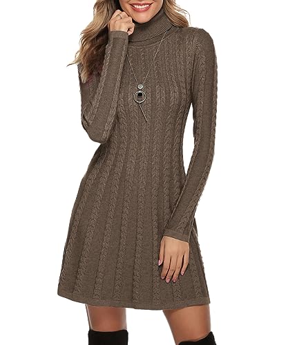 Gyabnw Damen Strickkleid Rollkragen Winterkleid Elegante A-Linie Knielanges Kleid Pulloverkleid Zopfmuster Minikleid Strickpullover für Party Cocktail Freizeit, Schokolade-Rollkragen, L von Gyabnw