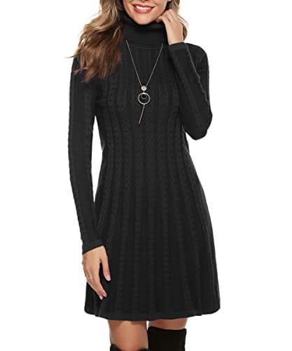 Gyabnw Damen Strickkleid Rollkragen Winterkleid Elegante A-Linie Knielanges Kleid Pulloverkleid Zopfmuster Minikleid Strickpullover für Party Cocktail Freizeit, Schwarz-Rollkragen, L von Gyabnw