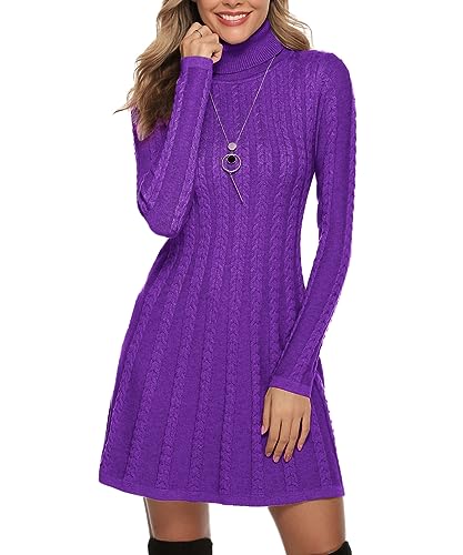 Gyabnw Damen Strickkleid Rollkragen Winterkleid Elegante A-Linie Knielanges Kleid Pulloverkleid Zopfmuster Minikleid Strickpullover für Party Cocktail Freizeit, Violett-Rollkragen, L von Gyabnw