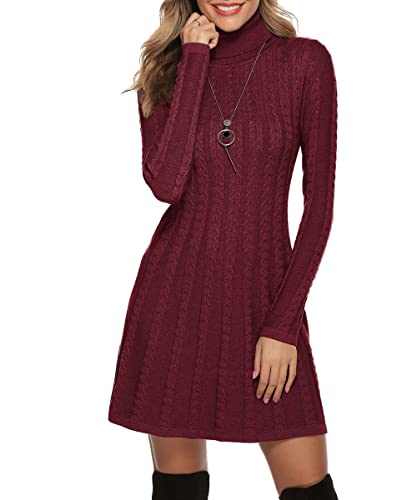 Gyabnw Damen Strickkleid Rollkragen Winterkleid Elegante A-Linie Knielanges Kleid Pulloverkleid Zopfmuster Minikleid Strickpullover für Party Cocktail Freizeit, Weinrot-Rollkragen, S von Gyabnw