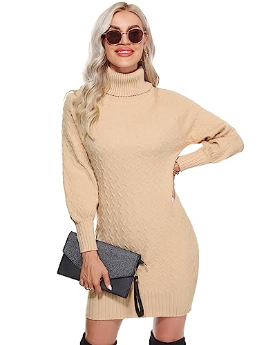 Gyabnw Damen Strickkleid mit hohem Kragen Twist - Langärmliges Pulloverkleid für Winter - Elegant Cocktailkleid Midikleid- Stilvolles Strickpullover Winterkleid mit Rippstruktur AprikoseL von Gyabnw