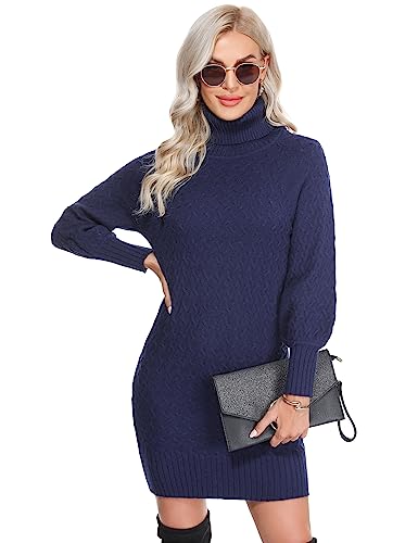 Gyabnw Damen Strickkleid mit hohem Kragen Twist - Langärmliges Pulloverkleid für Winter - Elegant Cocktailkleid Midikleid- Stilvolles Strickpullover Winterkleid mit Rippstruktur BlauL von Gyabnw