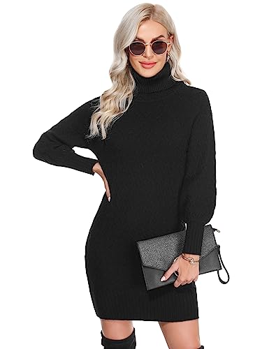 Gyabnw Damen Strickkleid mit hohem Kragen Twist - Langärmliges Pulloverkleid für Winter - Elegant Cocktailkleid Midikleid- Stilvolles Strickpullover Winterkleid mit Rippstruktur SchwarzL von Gyabnw