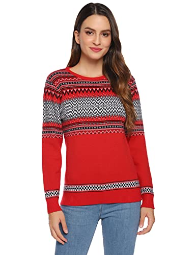 Gyabnw Damen Strickpullover Norwegerpullover Basic Pullover Winterpullover Pullover mit Norwegermuster für Herbst Winter, Rot-weiß, S von Gyabnw