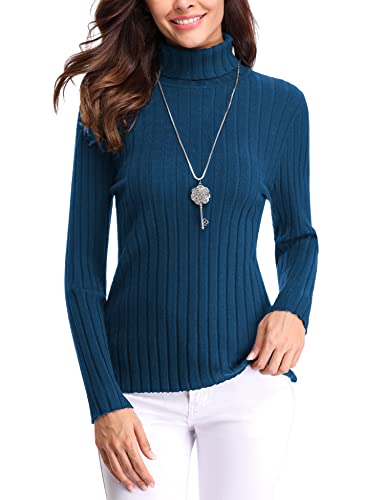 Gyabnw Damen Strickpullover Slim Rundhals Rollkragenpullover Langarm College Warm Strickpulli Teenager Mädchen Pullover Oberteile Tops Winter Strickwaren Basic Einfarbig Langarmshirt blau von Gyabnw