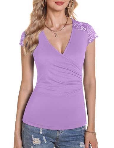 Gyabnw Damen T-Shirt Sommer Kurzarm Oberteil Frauen Casual Crop Tops Elegant Bluse Lila,XL von Gyabnw