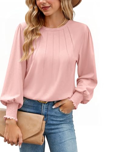 Gyabnw Langarmshirt Basic Damen Puffärmel Plissee Rundhals Top für Herbst und Winter Rosa,L von Gyabnw
