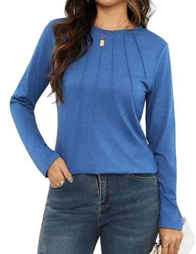 Gyabnw Langarmshirt Damen Baumwolle Basic Oberteile Longsleeve Baumwolle Pullover Rundhalsausschnitt T-Shirt Tops Blau,XXL von Gyabnw