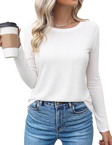 Gyabnw Langarmshirt Damen Weiss T-Shirt Langarm Top Baumwolle Basic Oberteile Weiß,XXL von Gyabnw