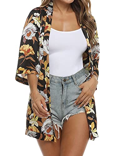 Gyabnw Cardigan Kimono Strand Damen Sommer Lang Chiffon Bolero Damen Festival 3/4 Ärmel Strickjacke Badeanzug Kleid Offen Front Blumen Beachwear Bikini Cover up Shawl Bluse Oberteil Tops Schwarz-2L von Gyabnw