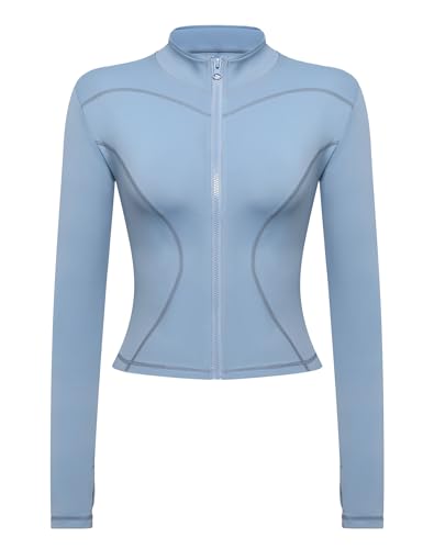 Gyabnw Laufjacke Sportjacke Langarm Crop Tops Gym Oberteil Trainingsjacke Kapuzenjacke Sweatjacke Atmungsaktive mit Reißverschluss Daumenloch Tasche Für Laufen Yoga Fitness BlauXL von Gyabnw