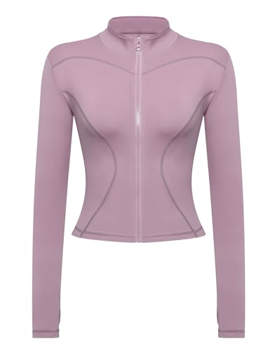 Gyabnw Laufjacke Sportjacke Langarm Crop Tops Gym Oberteil Trainingsjacke Kapuzenjacke Sweatjacke Atmungsaktive mit Reißverschluss Daumenloch Tasche Für Laufen Yoga Fitness LilaXS von Gyabnw