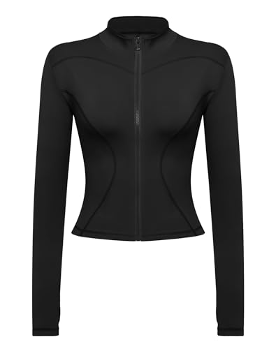 Gyabnw Laufjacke Sportjacke Langarm Crop Tops Gym Oberteil Trainingsjacke Kapuzenjacke Sweatjacke Atmungsaktive mit Reißverschluss Daumenloch Tasche Für Laufen Yoga Fitness SchwarzL von Gyabnw