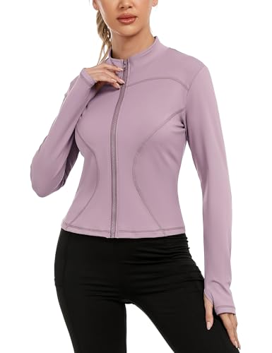 Gyabnw Laufjacke Sportjacke Langarm Crop Tops Gym Oberteil Trainingsjacke Kapuzenjacke Sweatjacke Atmungsaktive mit Reißverschluss Daumenloch Tasche Für Laufen Yoga Fitness LilaXL von Gyabnw