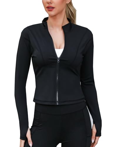 Gyabnw Laufjacke Sportjacke Langarm Crop Tops Gym Oberteil Trainingsjacke Kapuzenjacke Sweatjacke Atmungsaktive mit Reißverschluss Daumenloch Tasche Für Laufen Yoga Fitness SchwarzXS von Gyabnw