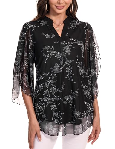 Gyabnw Oberteil Damen 3/4 Ärmel Tunika Bluse V-Ausschnitt Hemden doppellagig Mesh Bluse Tops Anzug 1,L von Gyabnw