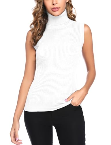 Gyabnw Pullover Damen Ärmellos Rollkragen Strickpullover Elegant Sleeveless Rollkragenpullover Rippenstrick Strickpullunder Herbst Winter Rolli Top, Weiß XXL von Gyabnw