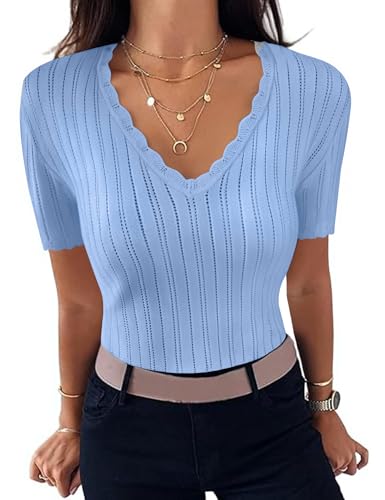 Gyabnw T-Shirt Damen Sommer Tops Stricktop V Ausschnitt Kurzarm Elegant Stretch Oberteile Casual von Gyabnw
