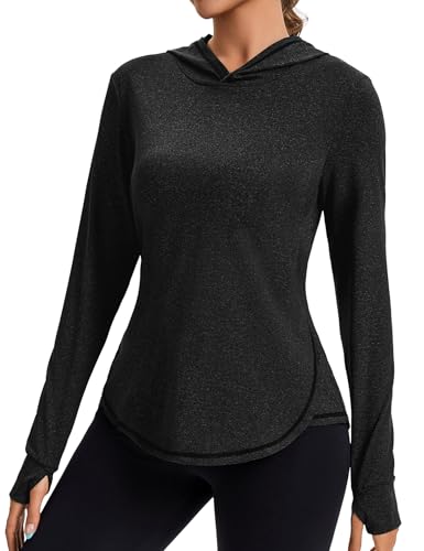Gyabnw Sportshirt Damen Langarm Hoodie mit Daumenlöchern und Reflektierenden Streifen auf der Rückseite Sonnenschutz für Fitnessstudio von Gyabnw